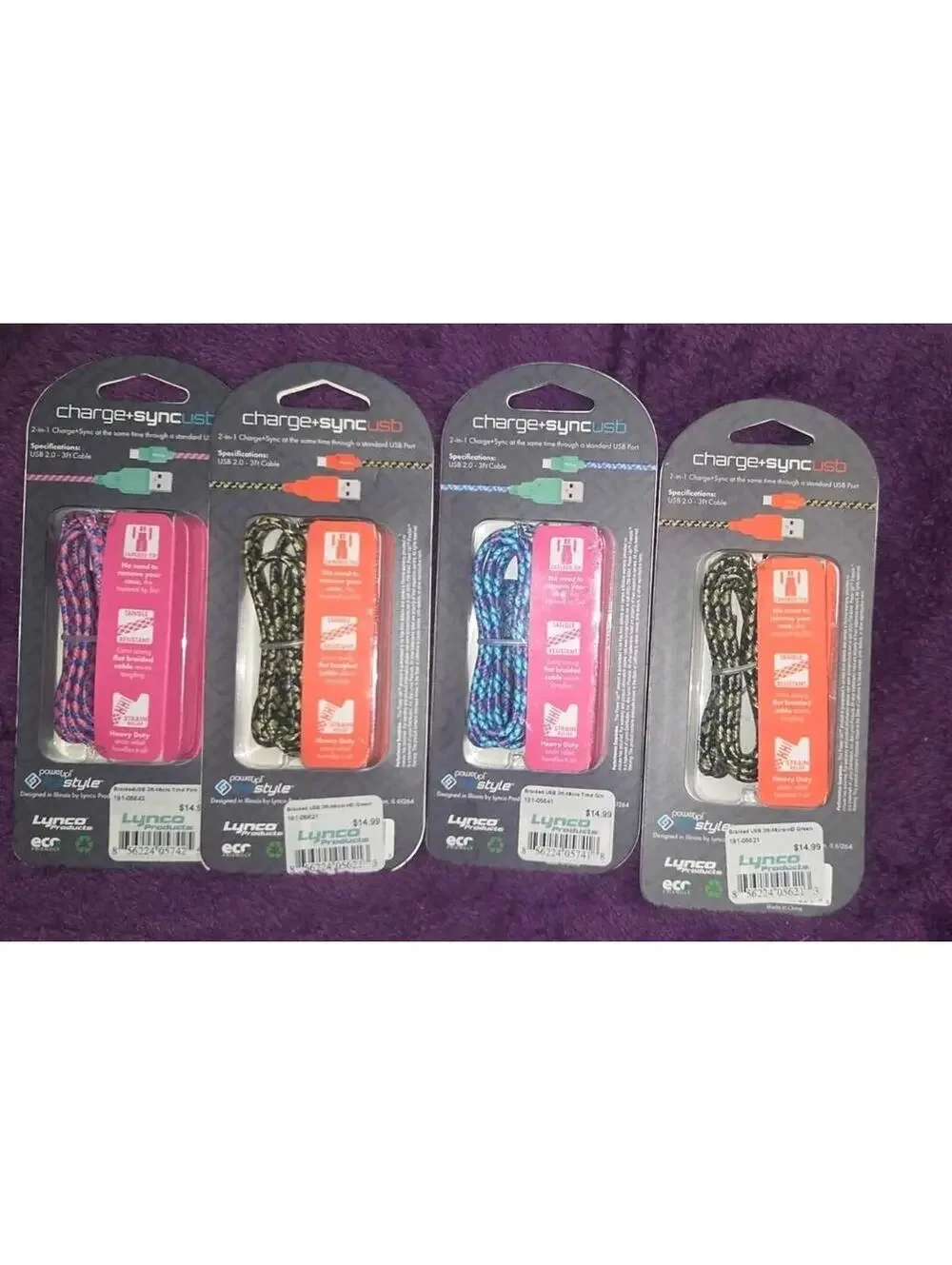 Set of 4 Trendiez Micro USB to USB Braided Charging Cables 3FT Mixed Colors NEW